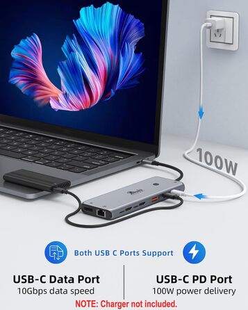 Док-станція USB-C 13-в-1 для ноутбуків: Dual Monitor, HDMI, DisplayPort, USB 3.0, Ethernet, PD 100W, SD/TF, Audio/Mic (сірий)