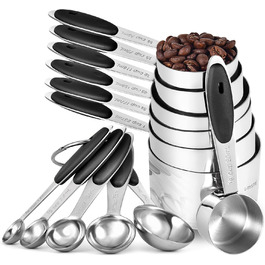 12-Piece Measuring Cups and Spoons Set: Nesting Cups, Teaspoons, and Tablespoons Made of 18/8 Stainless Steel for Baking and Cooking, Stronger Welded Handle (Black)