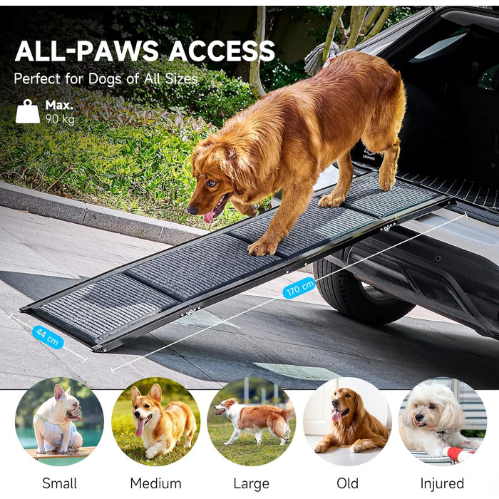 CO-Z Східці для собак, розкладні, 170 см, для легкого заїзду/сходу, до 90 кг, з антиковзким покриттям, підходять для всіх авто
