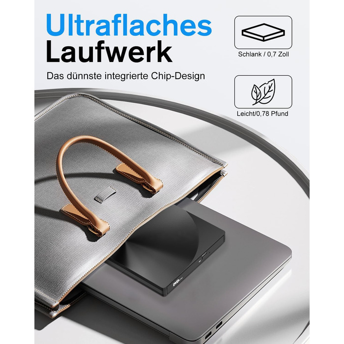 Зовнішній USB 3.0 та USB-C CD/DVD привід varkda для ноутбука та ПК, портативний DVD-плеєр та записник (RW/ROM), сумісний з Windows, macOS, Linux, чорний