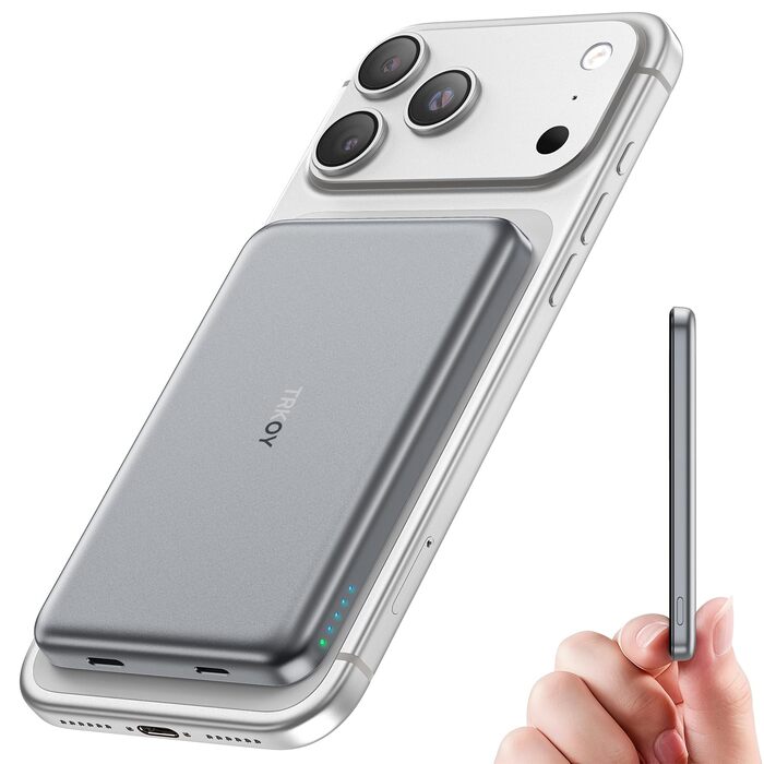 Магнітний Power Bank для iPhone з підтримкою MagSafe 5000mAh, зовнішній акумулятор з бездротовою зарядкою та USB-C, сріблястий