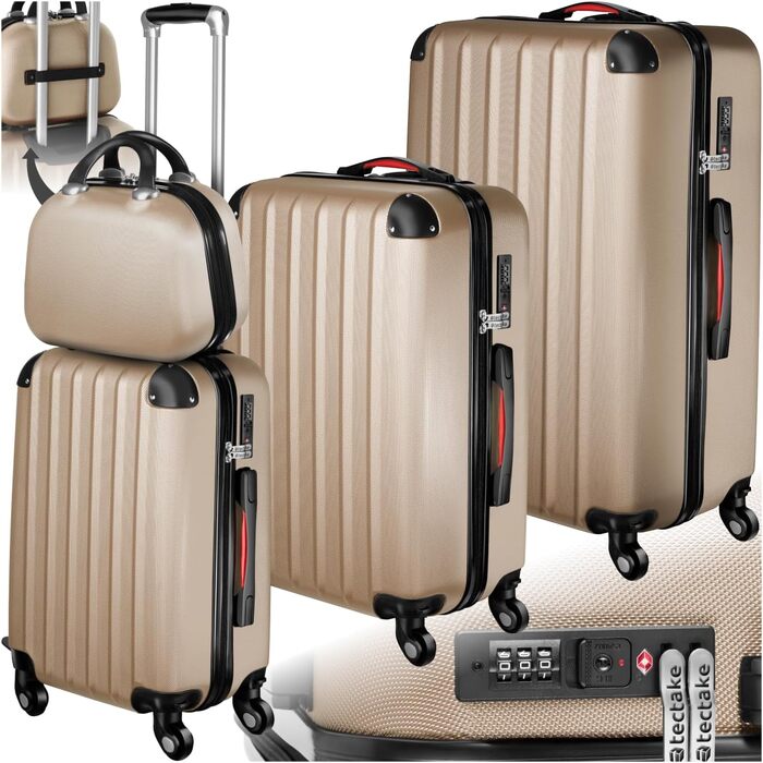 Набір валіз Tectake® 4 шт. з відстібними колесами 360°, жорсткий корпус з TSA замком, велика валіза з роздільником, ручна валіза, телескопічна ручка - колір шампань | 403411