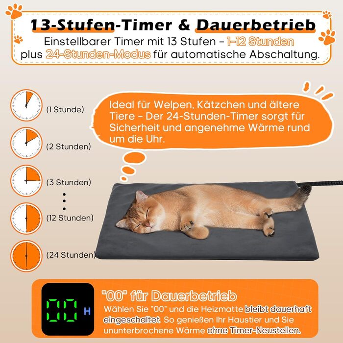 Підігрівальний килимок для тварин 45x70 см – ковдра для собак та котів, 30–60°C, таймер 14 год, захист від перегріву, міцний кабель 1,8 м, 2 знімні чохли, регулювання температури