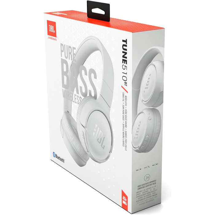 Навушники JBL Tune 510 BT – Bluetooth, бездротові, складні, з функцією гучного зв'язку, сумісні з голосовими помічниками, до 40 годин роботи (білі)