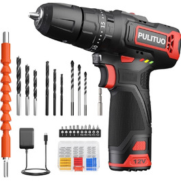 Акумуляторний ударний дриль-шуруповерт PULITUO 12V, комплект, металевий патрон 3/8', 21+1+1 ступенів моменту, LED-ліхтар, 35 Нм, 1300 mAh, бездротовий дриль