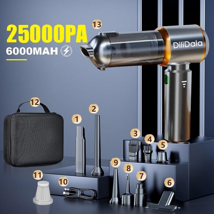 Бездротовий ручний пилосос DiliDala, 25000 Па, акумуляторний, 3 швидкості, для авто, кухні, дивана, офісу