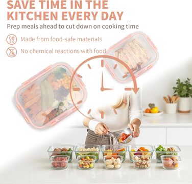 Набір контейнерів для зберігання їжі з боросилікатного скла з кришкою, BPA-free, не протікають, для мікрохвильової печі, духової шафи, посудомийної машини, для приготування їжі на тиждень (Meal Prep) – рожевий (SA1637)