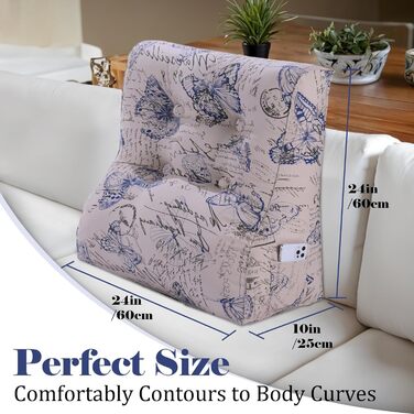 Вигнуте подушко-сидіння для ліжка, спинка для голови, клиновий ортопедичний підгузок, підставка для спини для сидіння в ліжку або на дивані, знімний чохол, блакитний з метеликами, 60 см