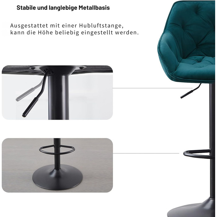JaHECOME Adjustable Velvet Bar Stools (Set of 2) - Backrest, Kitchen Counter Height, Teal