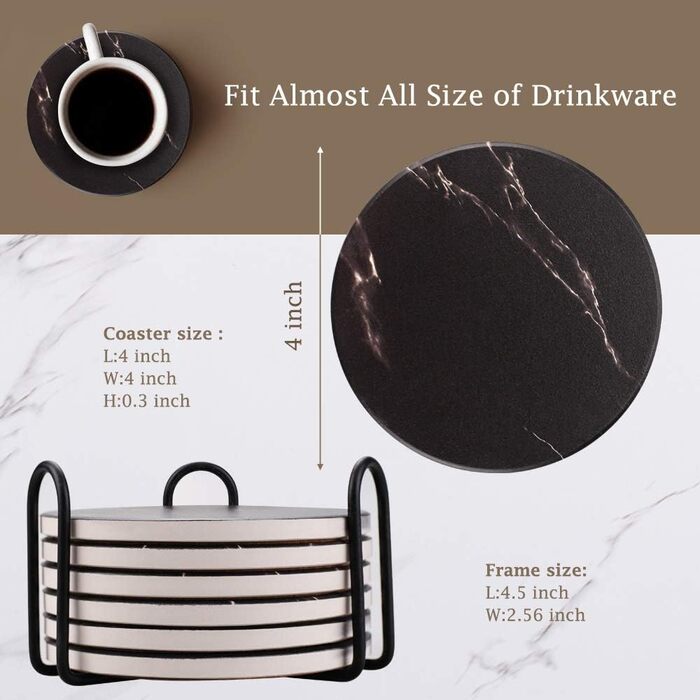Coasters for Drinks, Absorbent Ceramic Stone Coasters Set with Metal Holder Stand, Cork Base, Marble Surface Pattern, Cup Placemats for Home Decor, Set of 6 - White (Black)