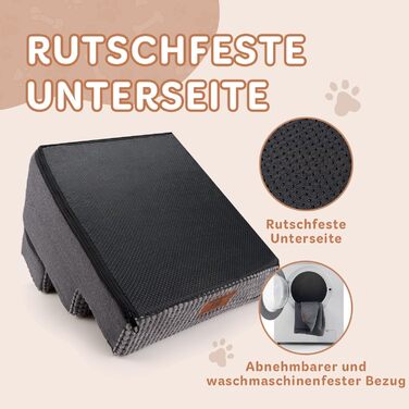 Sytopia dog stairs 40 cm high, 3 steps, dog stairs for bed sofa for small dogs, pet stairs washable, foam stairs, for injured older dogs (34cm height, Grey)