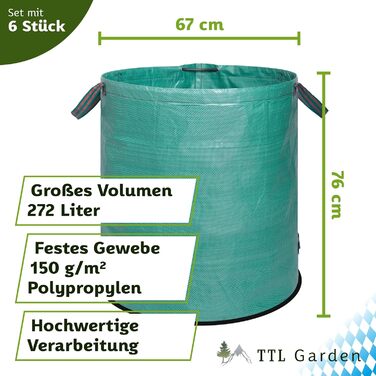 Садові мішки TTL Garden 272 л, 6 шт, посилене дно, самостійно стоять, 4 ручки, 150 г/м², великі та міцні, для трави, листя, гілок і садового сміття