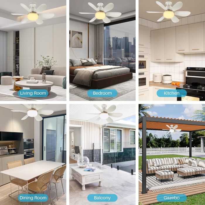 OKYUK Стеля-вентилятор з підсвічуванням, тихий, з пультом керування, регулювання кольору, E26/E27, 48 см, білий