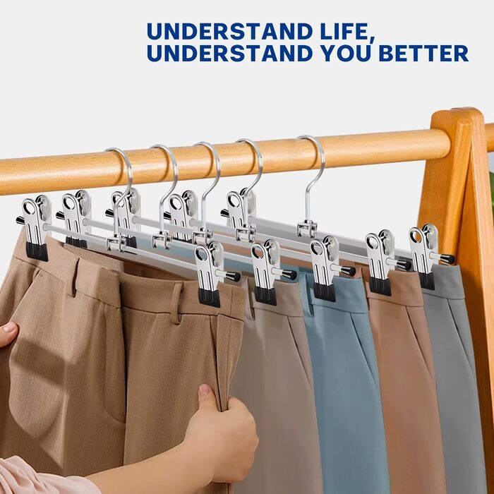 Metal Trouser Hangers, Clothes Hangers with Adjustable Clips, Anti-Slip Trouser Hangers, Strong Chrome Hangers for Trousers, Skirts, Socks, Underwear, 12 Pack