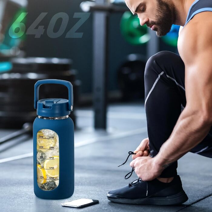 2L Glass Water Bottle with 2 Lids Flip and Go Lid 2 Liter Large Water Jug with Time Marker and Silicone Sleeve BPA-Free Leakproof for Sport Gym, Dark Blue