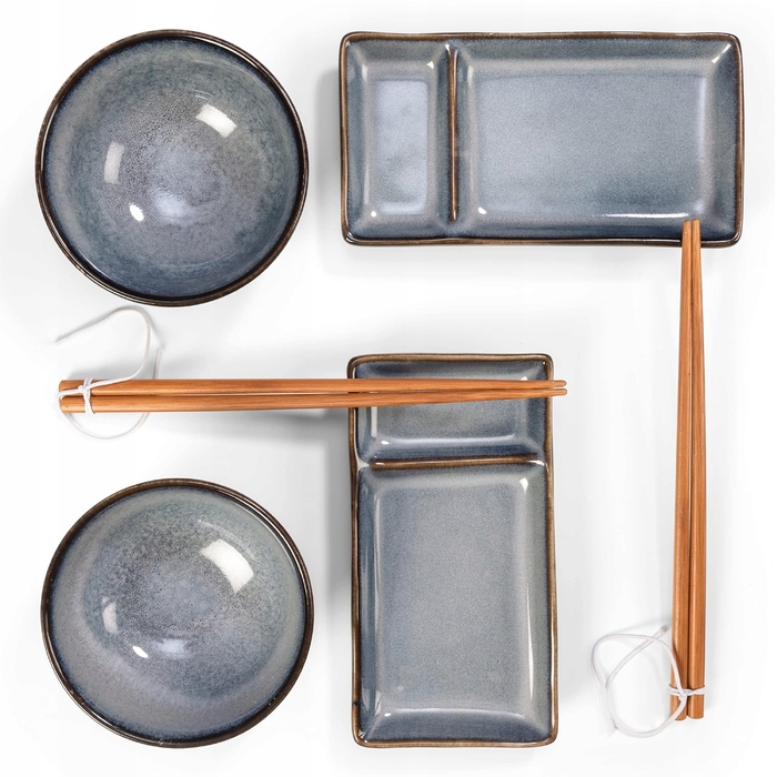 Набір для суші Misaki, сіро-блакитний: 2 тарілки, 2 піалки, 2 пари паличок