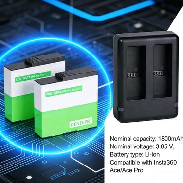 2 батареї Insta360 2800mAh з зарядним пристроєм USB-C, сумісні з Insta360 Action Camera, включаючи Micro SD картки (ACE)
