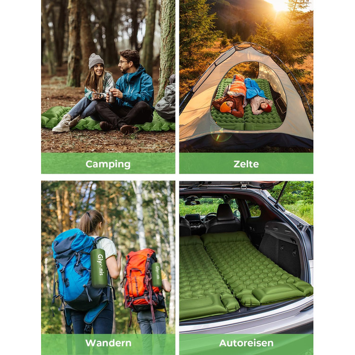 Glymnis Isomatte Camping Air Mattress - 9cm Thick with Foot Pump & Pillow - Ultralight Outdoor Sleeping Pad for Camping, Hiking & Travel - Army Green