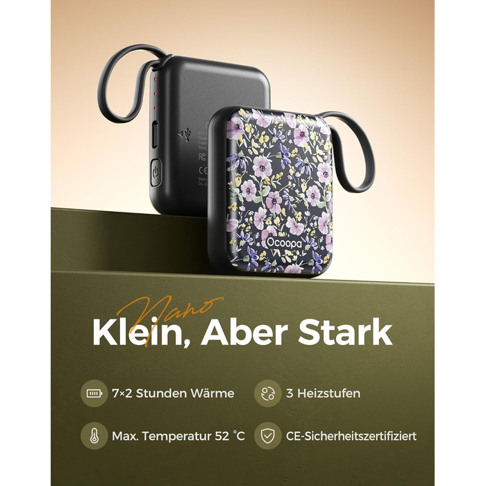 Електричні грілки для рук Ocoopa 2 шт., багаторазові 4000mAh, USB, 3 рівні нагріву, до 52°C, подарунок на Новий Рік, для зими, катання на лижах, подорожей та активного відпочинку, UT5 Nano Wiesengeflüster (Ocoopa x Artist Edition) (Nachtlicher Garten (Oco