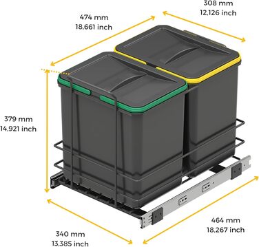 Відро для сміття кухонне Emuca з підвісною системою, 2 висувні контейнери по 20 л, загальний об'єм 40 л (2 x 20 л), сталь та пластик, сірий колір