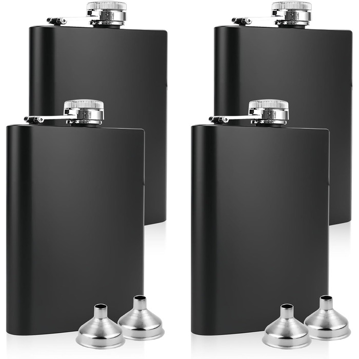 Набір з 4 флаконів з нержавіючої сталі: 236 мл, з воронкою, для напоїв, жінок, пікніків, подорожей, кемпінгу, 13,8 x 9,4 см, чорний