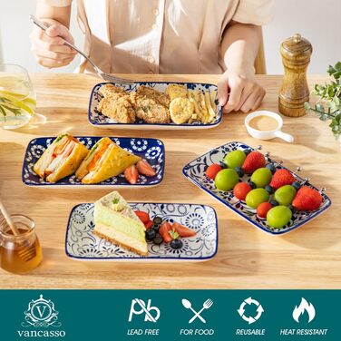 Набір сервірувальних тарілок Vancasso Selene (6 шт.) - великі, прямокутні, порцелянові, для свят, сніданків, фуршетів, сирної тарілки, мікрохвильова піч та посудомийна машина, блакитно-білий колір