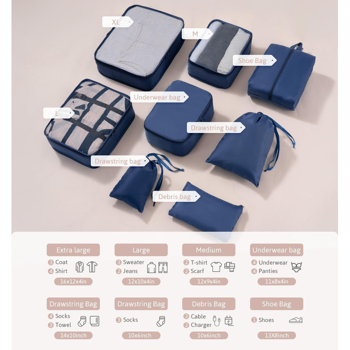 Органайзер для валізи Meowoo, набір 8 шт., Packing Cubes для подорожей та бізнесу, система зберігання багажу (Морська синя)