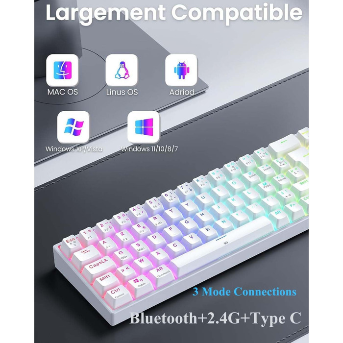 Механічна ігрова клавіатура TECURS бездротова, 80% TKL, підсвічування, Red Switch, QWERTZ, для ПК, ноутбука, Windows, чорно-біла