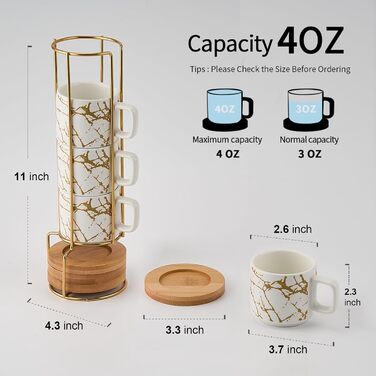 Набір порцелянових еспресо-чашок з блюдцями та металевою підставкою LUKA (4 шт.), 118 мл, мармуровий білий