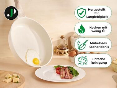 JUST PERFECTO Induction Cookware Set - Frying Pan Set with Lid - Frying Pan 24cm, Frying Pan 28 cm - Cookware Set 28cm Non-Stick Pan without PTFE and PFOA (14-Piece Beige)