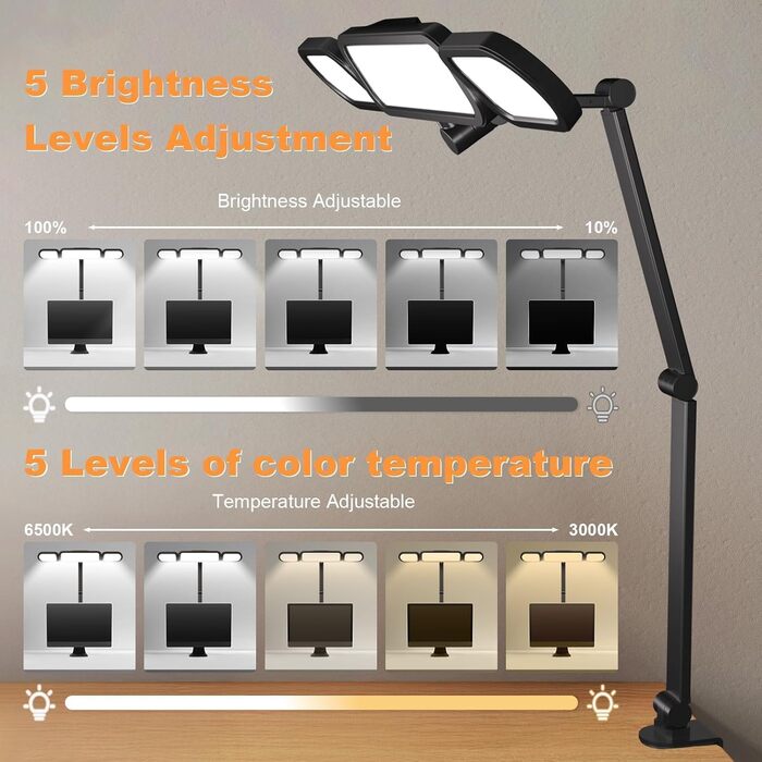 LED-лампа для столу Nuero з кріпленням, регульована, для дому та офісу, димерна, захищає очі, сучасний дизайн (4 секції)