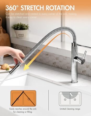 Висувна кухонна змішувач TIMACO з нержавіючої сталі, 360° поворот, одноручний, для кухонної мийки (хром)
