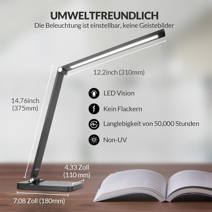 LED лампа настільна диммерна з USB, 5 кольорів та 3 рівні яскравості, для читання, дітей, офісу, чорна MT-856