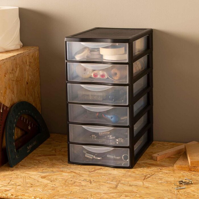 SUNDIS Orgamix, plastic drawer box, 6 transparent A4-size drawers, height 50 cm, stackable, ideal for storing office supplies, course materials, documents, accessories.