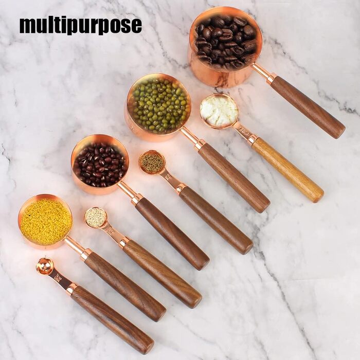 Measuring cups and spoons with wooden handles, 8-piece set, coffee bar scale, kitchen accessories (Gold)
