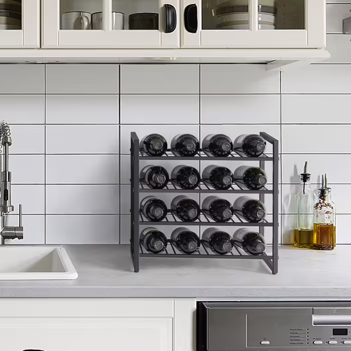 IBUYKE Wine Rack Metal, Freestanding Wine Rack Storage, 4-Tier 16 Bottle Rack, For Bar Counter, Restaurant, Kitchen, Table Rack Wine Holder, Black TMJ903H Metal 16 Bottles