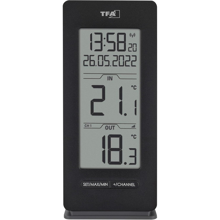 TFA Dostmann Funk Thermometer Indoor/Outdoor, 30.3072.01.90, including radio clock and date, Max.-Min. function, wireless, Amazon Exclusive, black
