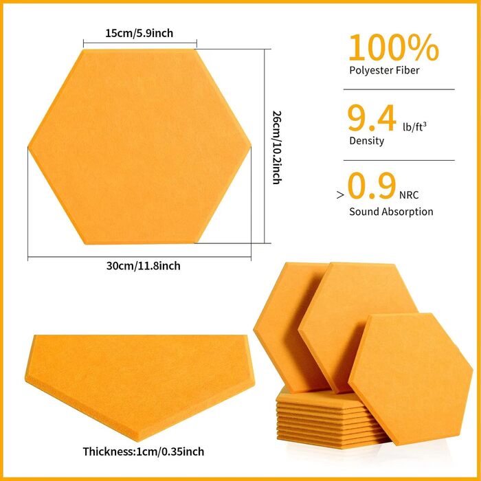 Набір акустичних панелей Rdutuok (12 шт), гексагональні звукопоглинаючі плити 30x26x1 см для студії, офісу та декору стін, помаранчево-жовті