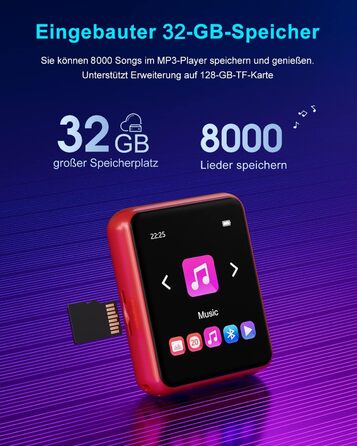 MP3 плеєр 32GB Bluetooth 5.0 з сенсорним екраном, HiFi, радіо, диктофон (червоний)