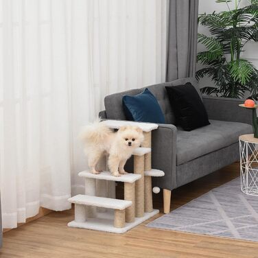 PawHut 3-Step Pet Stairs with Scratching Pillars, Ball, Dog Stairs, Pet Stairs for Cats up to 5 kg, Plush Jute, White, 45 x 40 x 48 cm (60L x 40W x 64H cm, White)
