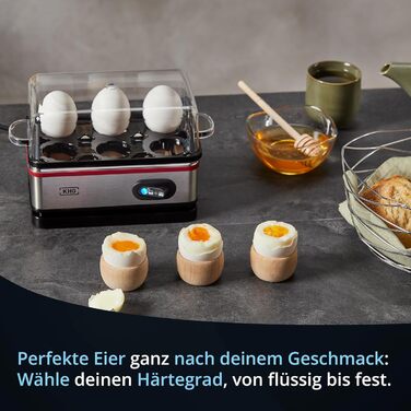 Електричний яйцеварка KHG EK-600SE: 6 яєць, нержавіюча сталь, з підігрівом, ретро-дизайн, з будильником та мірним стаканом, 400 Вт