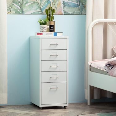 Металевий мобільний офісний шафа HollyHOME з 5 шухлядами на колесах, білий – органайзер для документів для дому, офісу та школи