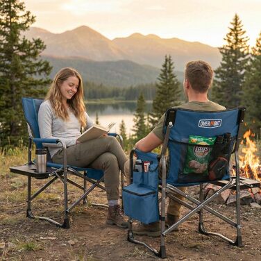 Кемпінговий стілець OVERMONT складний з бічним столиком та охолоджувальною сумкою, до 180 кг - блакитно-сірий
