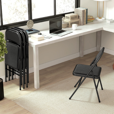 HOMCOM 4-Piece Folding Chair Set, Portable Office Chair with Cushion, Linen-Look, Steel Legs, Folding Chair for Office Reception Waiting Room, Black | Aosom