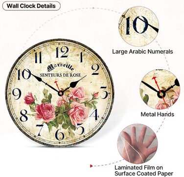 Toudorp Wooden Wall Clock, Arabic Numerals, Easy to Read, Silent Wall Clock, Retro, Battery Operated, Cafe and Flower Pattern, Decorative Wall Clock for Bedroom, Living Room, Dining Room (Pink Roses, 8 inches)