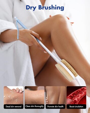 Щітка для душу з ручкою: скрабер для тіла з жорстким та м'яким ворсом, 46 см (блакитна)