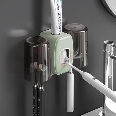 Настінний тримач для зубних щіток з автоматичним дозатором пасти, електричний для 4 щіток, 2 стаканчики, без свердління (зелений)