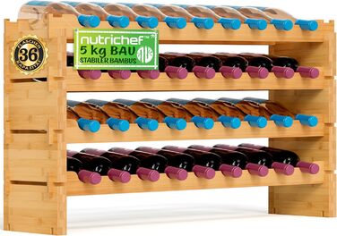 NutriChef Stackable Bottle Rack, Wood Wine Rack – Wine Rack – Stackable Modular Wine Rack for 36 Bottles, Slim Wine Rack with 85 x 25 x 81cm, suitable as a wine rack for cellars & bottle rack for kitchens