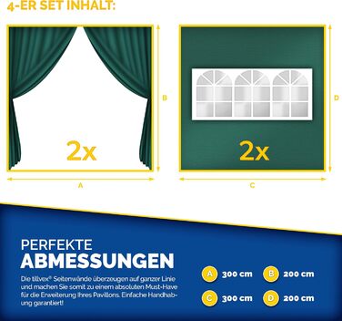 tillvex® for 3x3m Pavilion | Folding Pavilion Side Walls Water-Repellent | Side Windows & Zipper | Side Walls for Garden Tent Party Tent (4x Side Wall, Green)