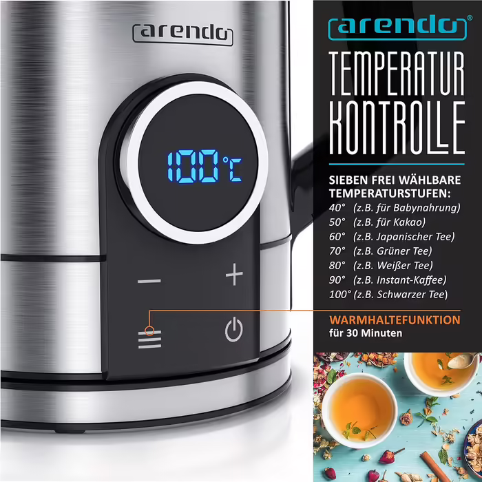 Arendo - Stainless Steel Kettle with Temperature Setting 40-100 Degrees - LED Display - Model DIVINE - 1.7 Liter - 2200 W - Tea Kettle with Temperature Indicator - GS